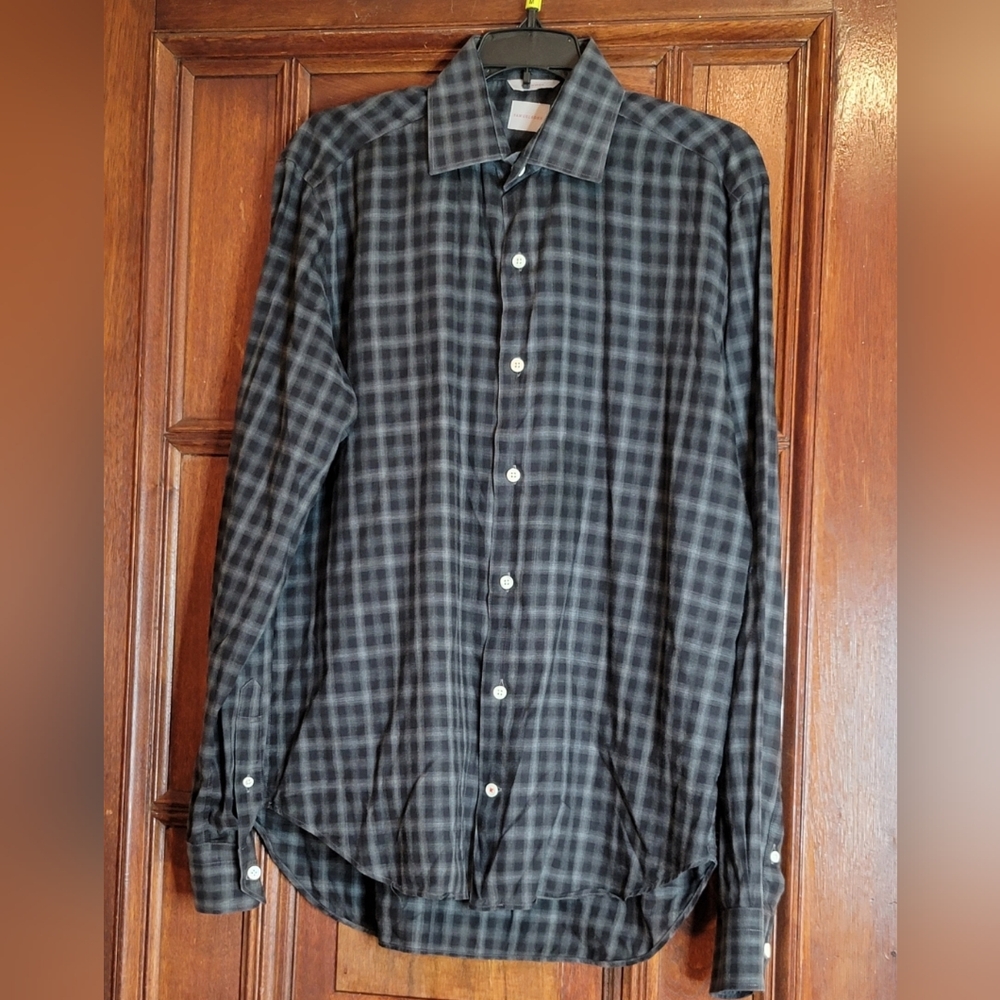 Samuelsohn Men's Black White Plaid Shirt-Made In Italy Size Medium
